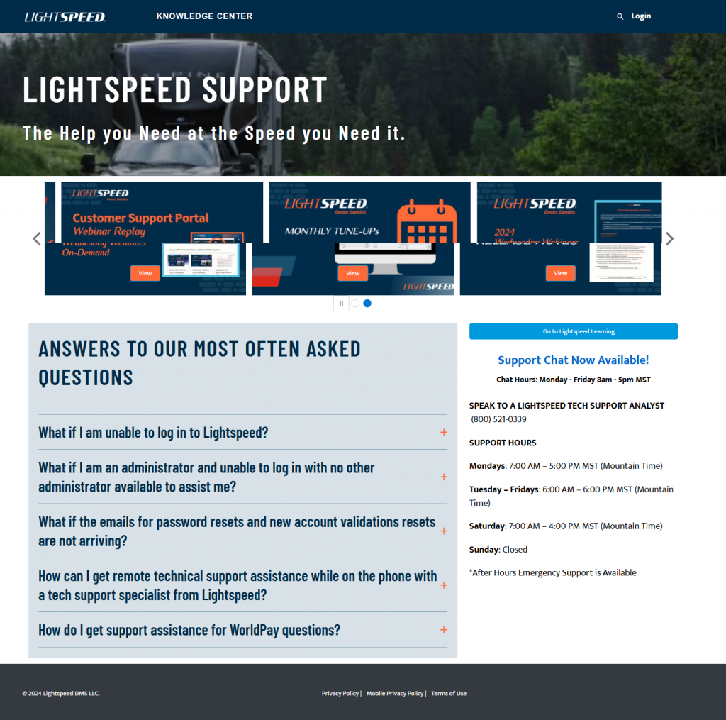 Screenshot of the Lightspeed Tech Support portal